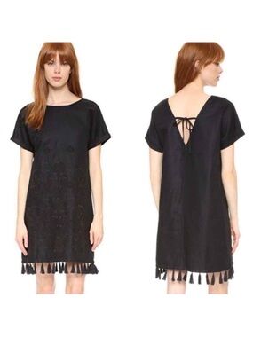 Madewell Floral Embroidered Tassel Trim Linen Blend Shift Dress - XS
